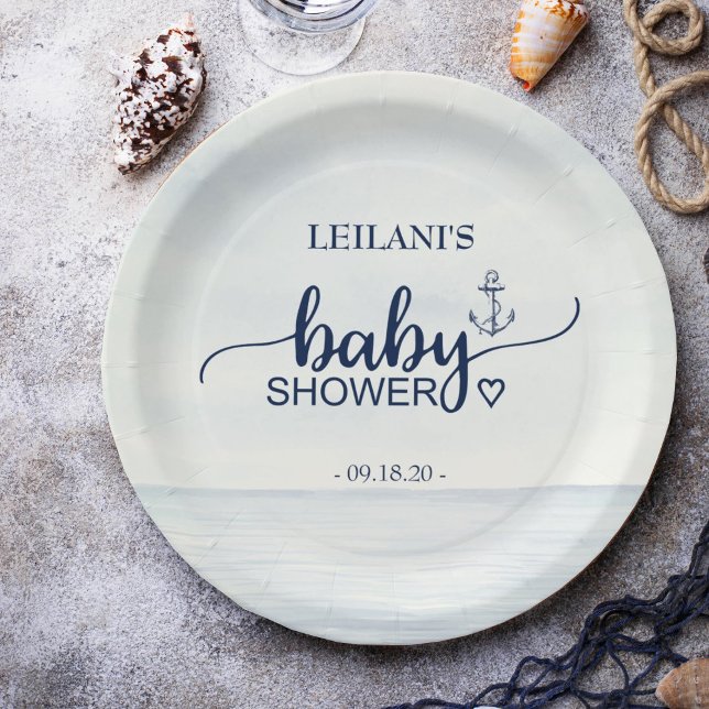 Plato De Papel Anclaje de Baby Shower oceánico náutico (Celebrate the upcoming arrival of your little sailor with our Nautical Ocean Baby Shower Plates.)