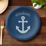 Plato De Papel Anclaje de puntos de polka azul con nombre persona<br><div class="desc">Un diseño moderno y elegante con puntos y colores precoces más un área para añadir tu nombre o monograma.</div>