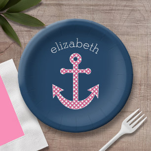 Plato De Papel Anclaje de puntos de polka rosado con nombre perso