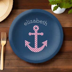 Plato De Papel Anclaje de puntos de polka rosado con nombre perso