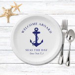 Plato De Papel Anclaje náutico<br><div class="desc">Platos modernos de papel de temática náutica para tu barco que cuentan con un ilustracion azul marino de un ancla,  y "Welcome Aboard" y el nombre y ubicación de tu barco en una elegante tipografía y escritura azul marino.</div>