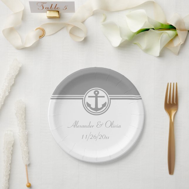 Plato De Papel Anclaje náutico gris (Boda)