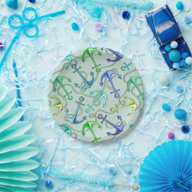 Plato De Papel Anclajes Marinos Y Patrón Rope (Fiesta)