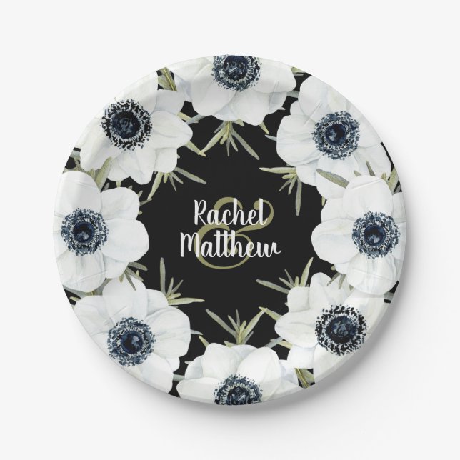Plato De Papel Anemones Boda floral negro y blanco (Anverso)