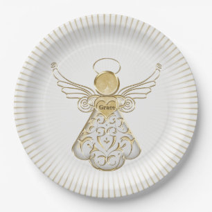 Plato De Papel Ángel afiligranado del navidad del oro de los