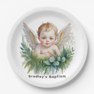 Plato De Papel Ángel bebé acuarela con bautizo de vegetación 