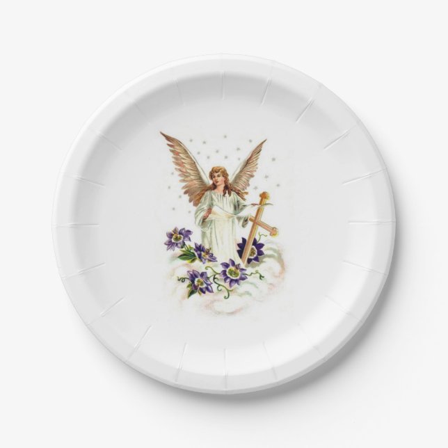 Plato De Papel Ángel Con Flores Cruzadas Y Clematis (Anverso)