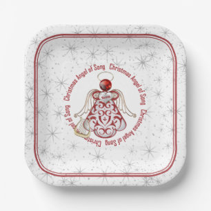 Plato De Papel Ángel de canciones y estrellas de Navidades rojos