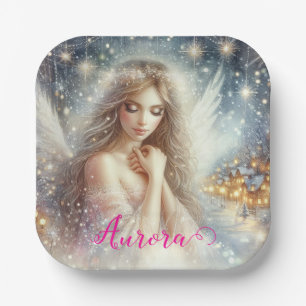 Plato De Papel Angel de nieve etéreo acuarela festiva femenina