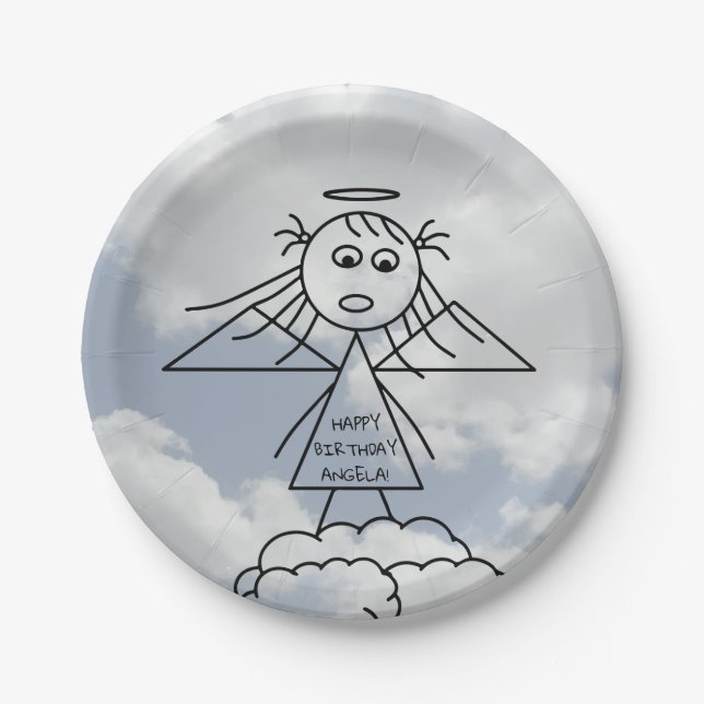 Plato De Papel Ángel de palo con nubes Cumpleaños personalizado (Anverso)