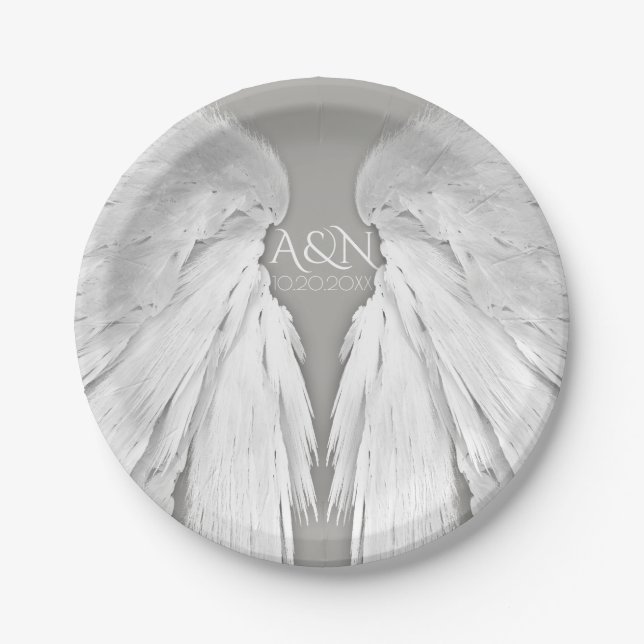 Plato De Papel ANGEL WINGS Boda Pareja Iniciales Elegante Gris (Anverso)
