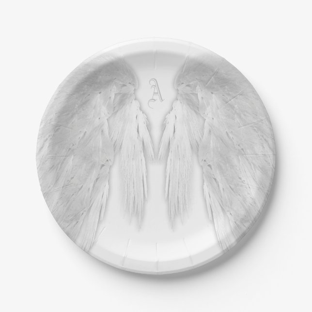 Plato De Papel ANGEL WINGS Monograma Personalizado blanco (Anverso)