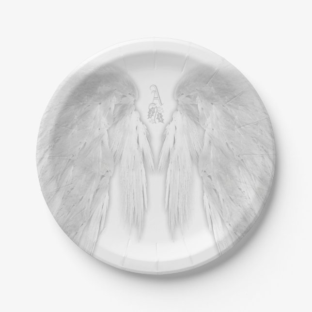 Plato De Papel ANGEL WINGS White Heavenly Holly Monograma (Anverso)