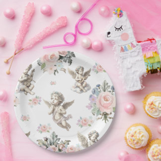 Plato De Papel Ángeles vintage Querubines y baldosa floral pastel