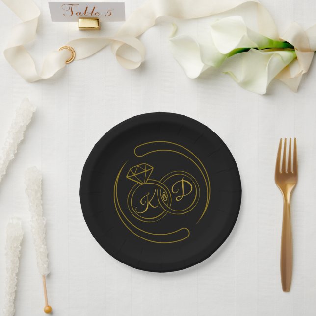 Plato De Papel Anillo de Compromiso de Oro Negro Editable (Boda)