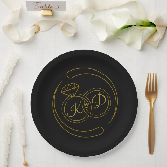 Plato De Papel Anillo de Compromiso de Oro Negro Editable (Boda)