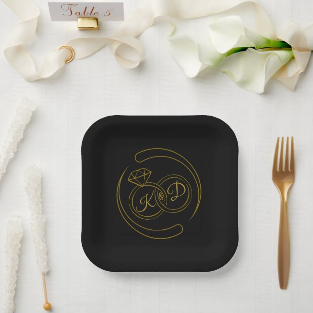 Plato De Papel Anillo de Compromiso de Oro Negro Editable (Boda)