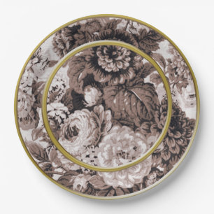 Plato De Papel Anillo de oro del tono de la sepia Brown Toile