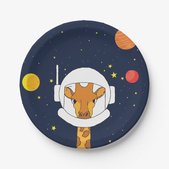Plato De Papel Animal astronauta de jirafa con casco espacial (Anverso)