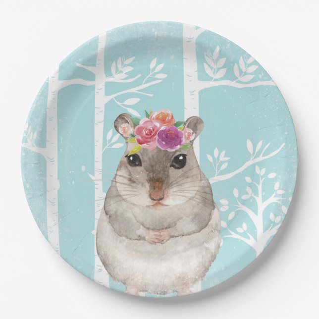 Plato De Papel Animal feliz con flores en el bosque azul-hamster (Anverso)