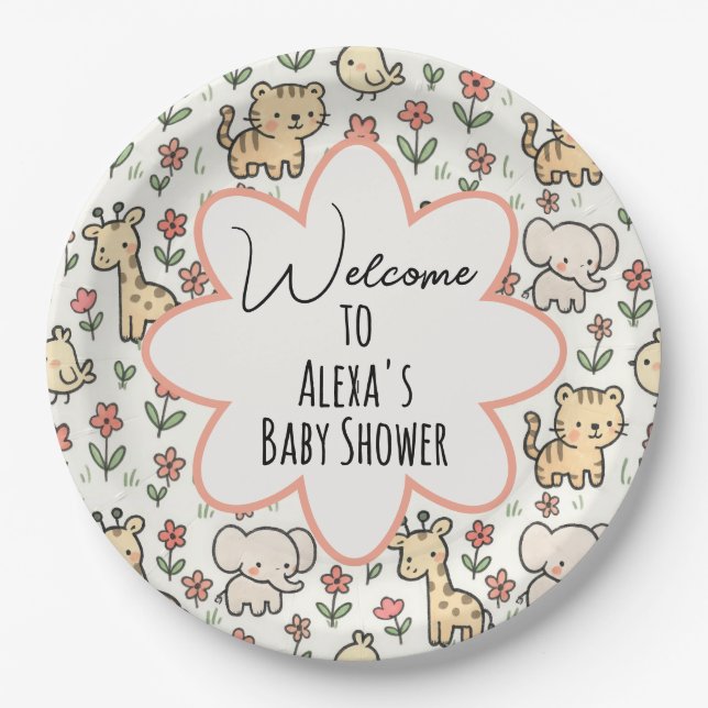Plato De Papel Animal Safari de Baby Shower con flores (Anverso)