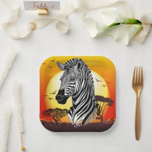Plato De Papel Animal silvestre de la sabana africana cebra