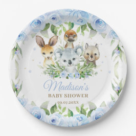 Plato De Papel Animales australianos Blue Floral Boy Baby Shower