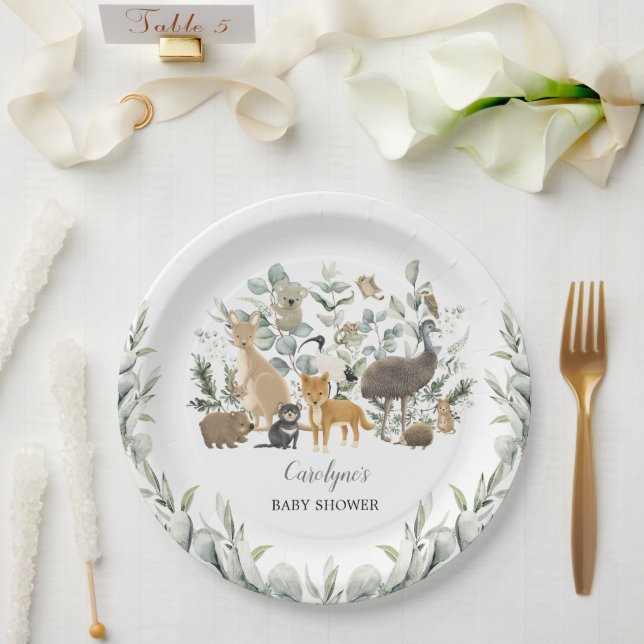 Plato De Papel Animales australianos leafy Eucalyptus Baby Shower (Boda)
