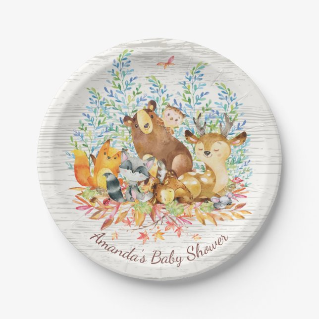 Plato De Papel Animales Baby Shower neutral 7" del arbolado placa (Anverso)