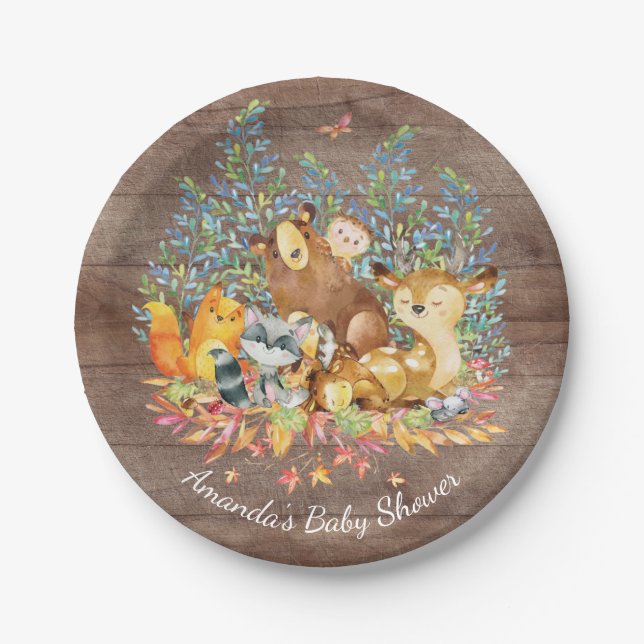 Plato De Papel Animales Baby Shower neutral 7" del arbolado placa (Anverso)