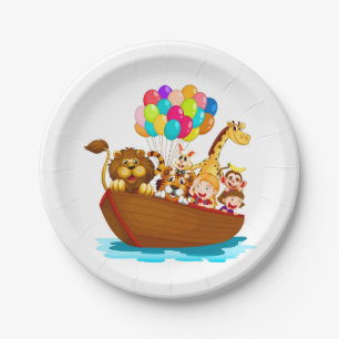 Plato De Papel Animales curados en barco con globos