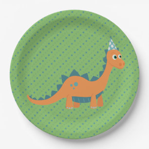 Plato De Papel Animales de dinosaurio verde y personalizado naran
