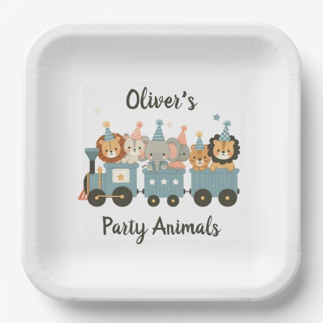 Plato De Papel Animales de fiesta lindos en tren personalizados (Anverso)