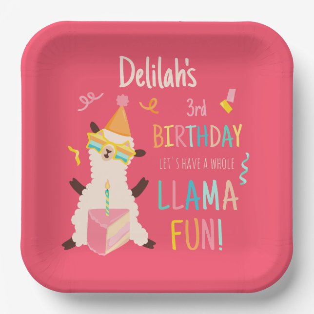 Plato De Papel Animales de Fiesta Llama Cumpleaños Chicas Rosa (Anverso)