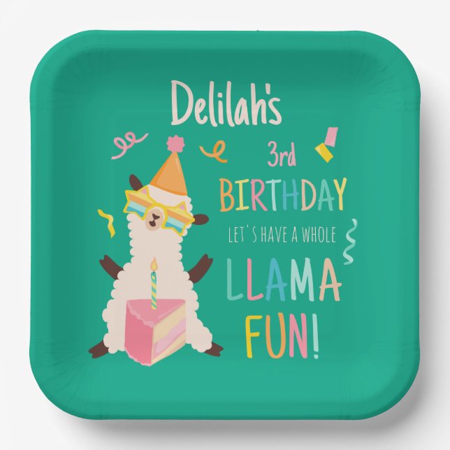 Plato De Papel Animales de Fiesta Llama Cumpleaños Chicas Verde (Anverso)