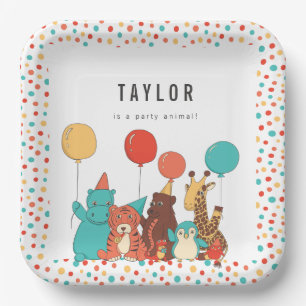 Plato De Papel Animales de Fiesta y Lunares Cumpleaños Personaliz