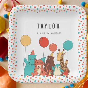 Plato De Papel Animales de Fiesta y Lunares Cumpleaños Personaliz