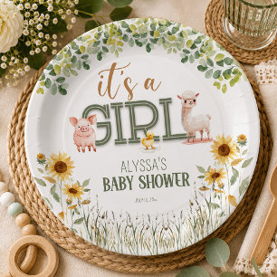 Plato De Papel Animales de Granja Baby Shower para Niña