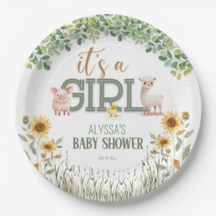 Plato De Papel Animales de Granja Baby Shower para Niña