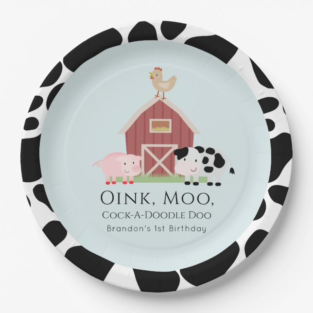 Plato De Papel Animales de granja Barnyard Blue Boy Cumpleaños (Anverso)