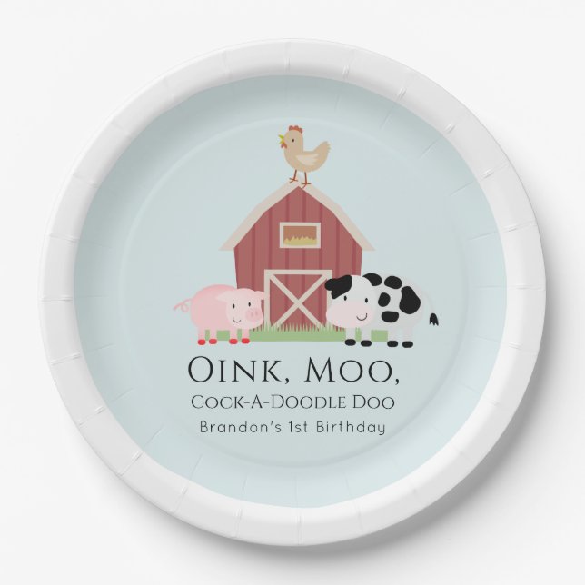 Plato De Papel Animales de granja Barnyard Boy Blue Birthday (Anverso)