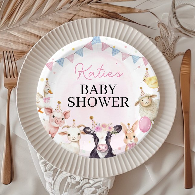 Plato De Papel Animales de Granja Cumpleaños Rosa (Subido por el creador)