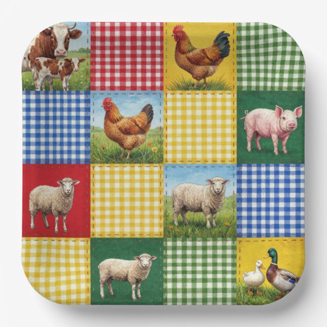 Plato De Papel Animales de granja y edredón de patchwork de gingh (Anverso)