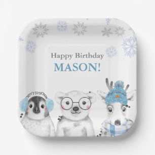 Plato De Papel Animales de Invierno Niño de Cumpleaños