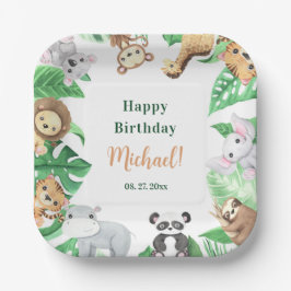Plato De Papel Animales de la Jungla Safari Acuarela Cumpleaños