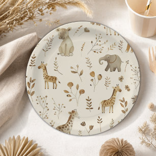 Plato De Papel Animales de la selva boho blanco beige