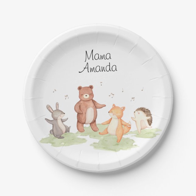 Plato De Papel Animales de los bosques bailando picnic forestal (Anverso)