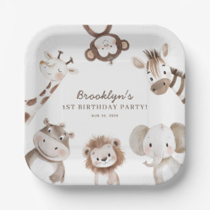 Plato De Papel Animales de Safari Adorables Cumpleaños Niño Fiest