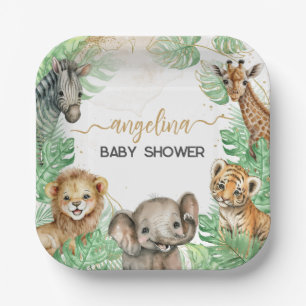 Plato De Papel Animales de Safari Baby Shower vegetación tropical