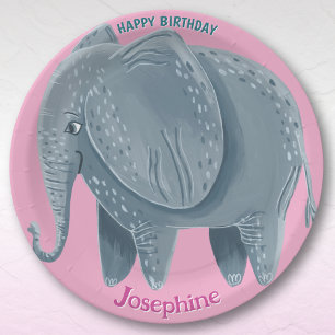 Plato De Papel Animales de safari cumpleaños acuarela niña elefan